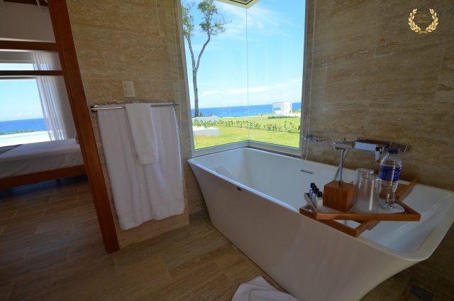 luxury bath tub with glass windows