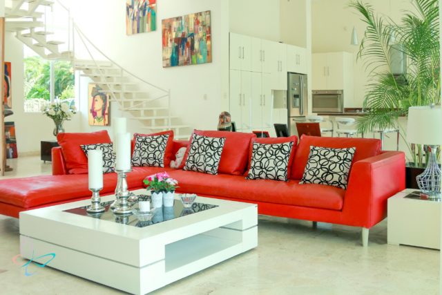 coffee table and red sofa